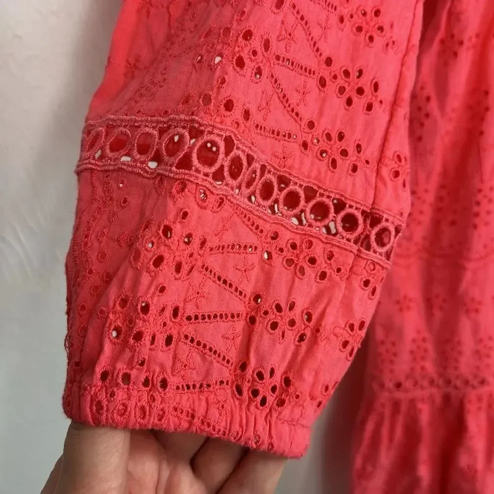 J. Crew Eyelet Embroidery Flutter-Hem Dress In Coral Color Size 8